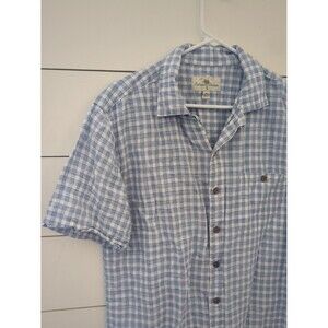 Island shores men's medium linen cotton blend blue white check button down shirt